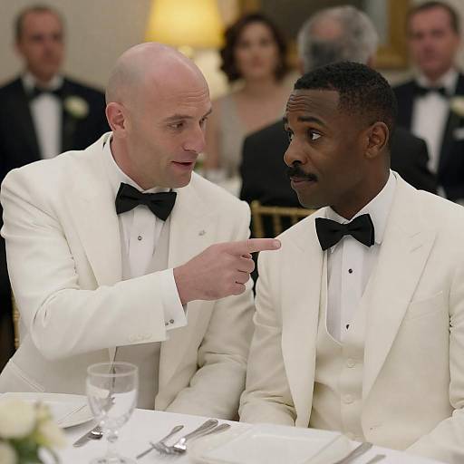 Two Men in White Tuxedos at Formal Dinner