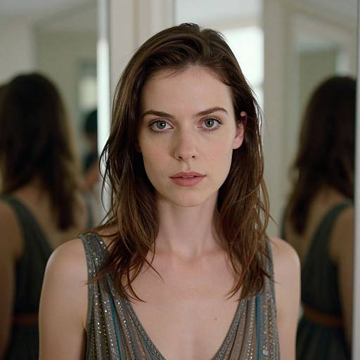 Photograph of a young, pale-skinned woman with wet, brown shoulder-length hair, blue eyes, and a serious expression, wearing a sleeveless