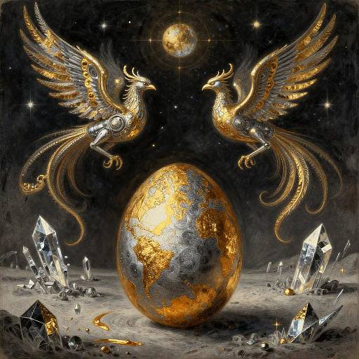 Gilded Rococo-Futurist Celestial Kraken and Phoenixes