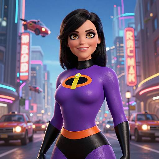 CGI image of a smiling woman with black hair in a purple superhero suit with the Incredibles logo, standing in a neon-lit, busy