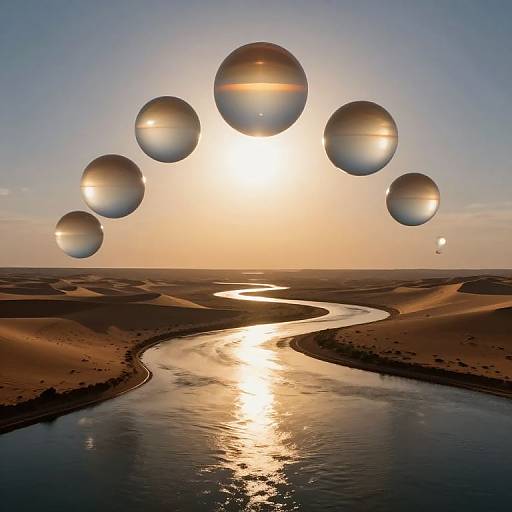 Digital artwork of seven translucent, glowing spheres hovering above a desert landscape with a winding river, reflecting sunset light.