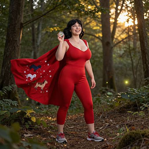Photograph of a smiling woman with curly black hair in a red, form-fitting workout suit and matching cape, holding a coin, standing in a