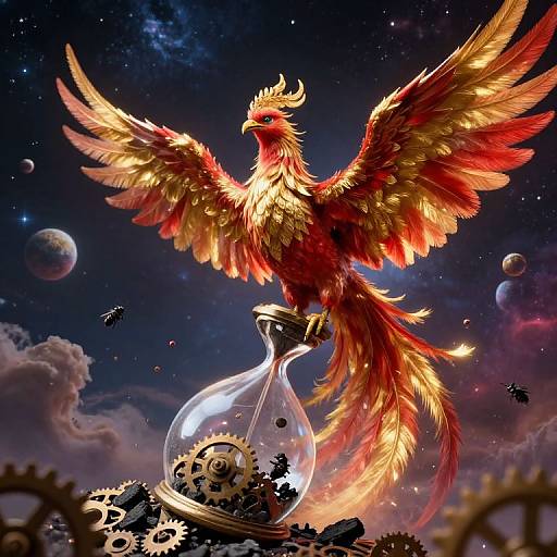 Digital art of a vibrant, fiery phoenix with golden wings perched on a glass vial containing gears, against a cosmic, starry background with planets
