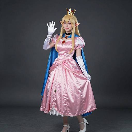Photograph of a blonde woman in pink Princess Peach cosplay, white gloves, blue cape, crown, and heels, waving against a dark background.