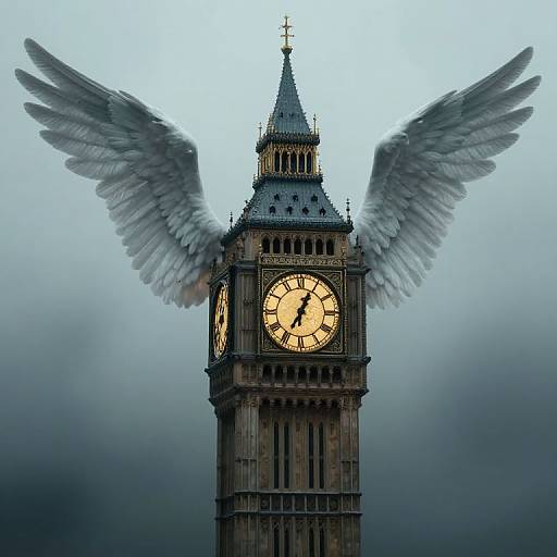 Photograph of Big Ben clock tower with large, white, angel wings on either side, glowing clock face against a dark, cloudy sky.