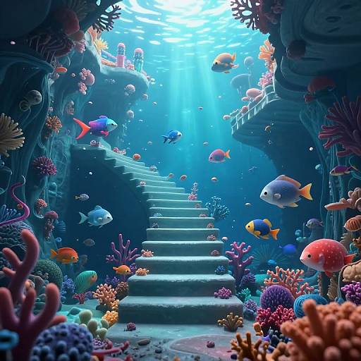 Photograph of a vibrant underwater scene with colorful coral, various fish, and ancient stone stairs descending into a sunlit ocean.