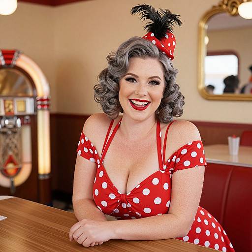 Photograph of a smiling, curvy woman with grey curly hair, red polka dot dress, and black feather hat, seated at a diner table