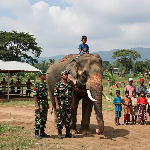 Boy Riding Elephant with Soldiers and Group in Rural Setting