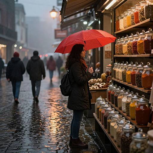 Photograph of a woman in a black coat and jeans holding a red umbrella, standing on a wet, cobblestone street at a market stall with