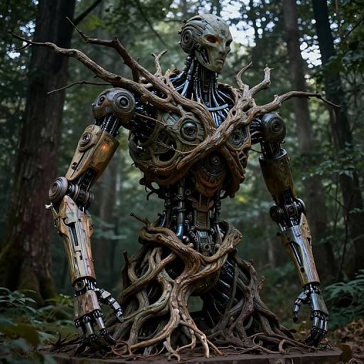Photograph of a mechanical humanoid with exposed gears and joints, wrapped in gnarled tree roots, standing in a dark forest.