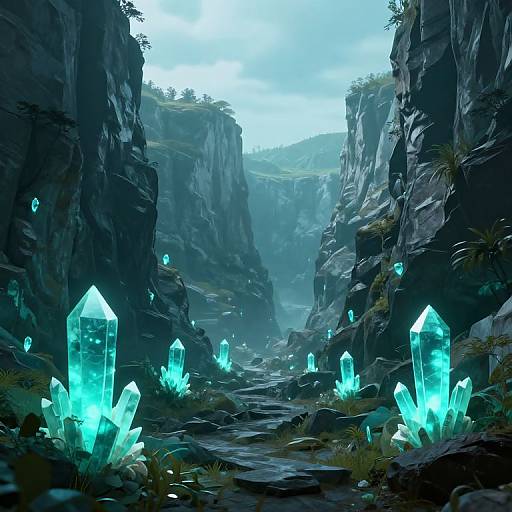 Digital fantasy artwork of a mystical canyon with glowing, turquoise crystals scattered among dark, rocky cliffs under a cloudy, blue sky.