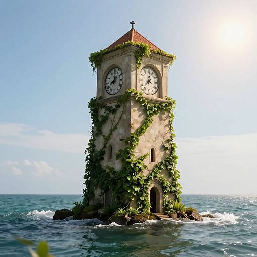Photorealistic digital art of a clock tower, covered in green ivy, standing in the ocean with waves and clear blue sky.
