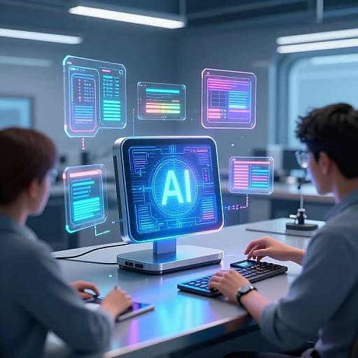 Photograph of a futuristic office: two men in blue shirts, focusing on a glowing, holographic computer screen with floating neon interfaces.