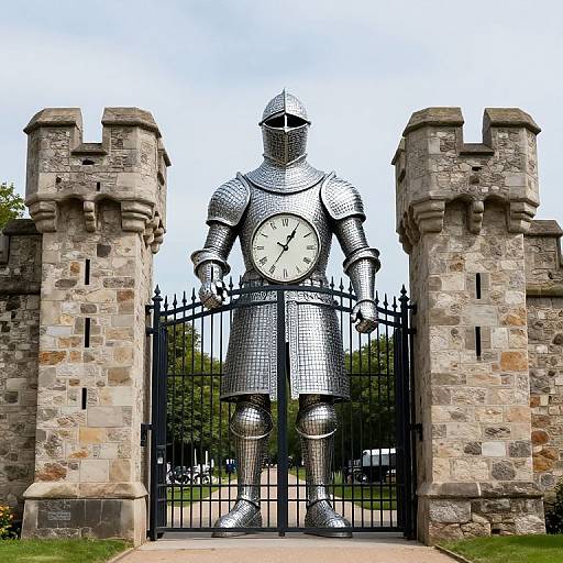 Photograph of a large, metallic knight statue with a clock on its chest, standing between two stone castle gate towers.