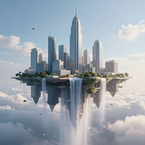 Photorealistic CGI: Futuristic, floating cityscape with skyscrapers, waterfalls, and clouds; mirrored reflection in the sky, under a