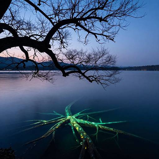 Photograph of a serene lake at twilight, with a glowing green underwater branch in the foreground, bare trees silhouetted against a blue and pink