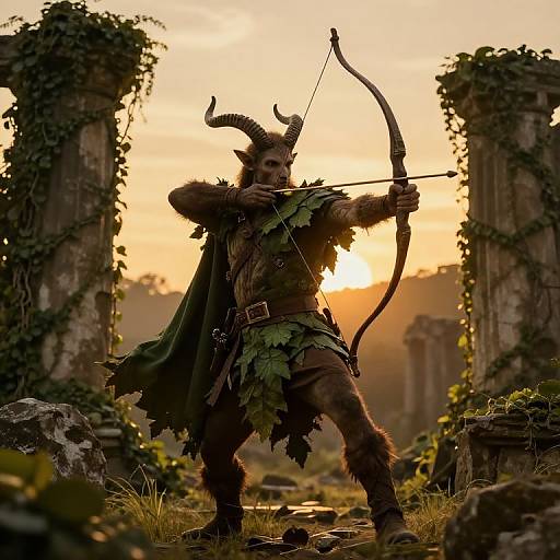 Photograph of a horned, dark-skinned, muscular demon archer in tattered green leafy attire, drawing a bow in a sunlit