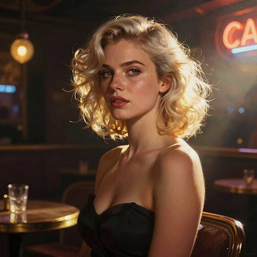Photograph of a blonde woman with curly hair, wearing a black strapless top, sitting in a dimly lit, neon-lit bar.