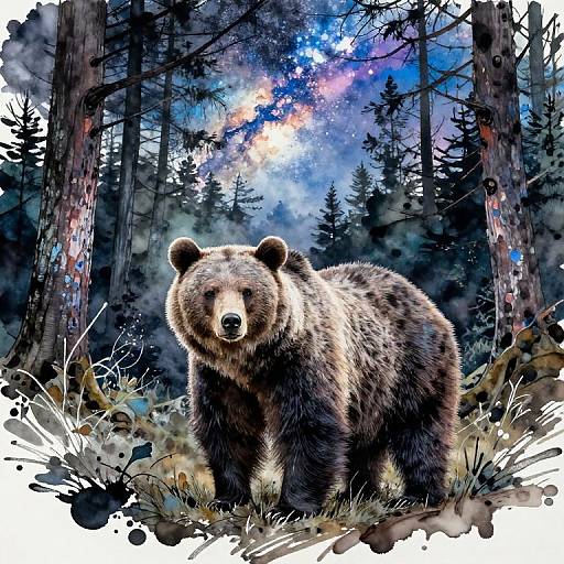 Vibrant Ink Art Bear with Milky Way