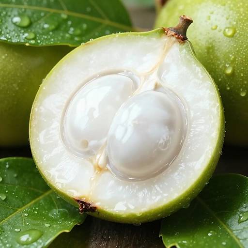 Close-up photograph of a green pear halved, revealing a glossy white center surrounded by a bright green rind, with fresh water droplets on dark