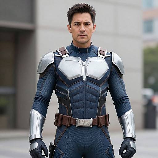 Photograph of a serious, muscular man with dark hair in a black, armored suit with silver shoulder and arm guards, standing in an urban outdoor setting