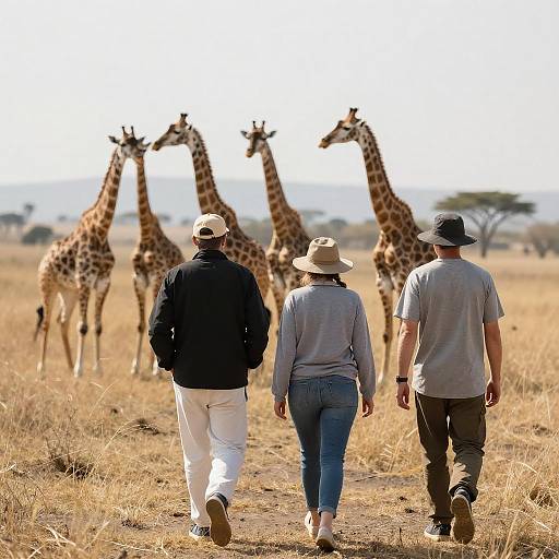 Three People Walking on African Savanna with Giraffes