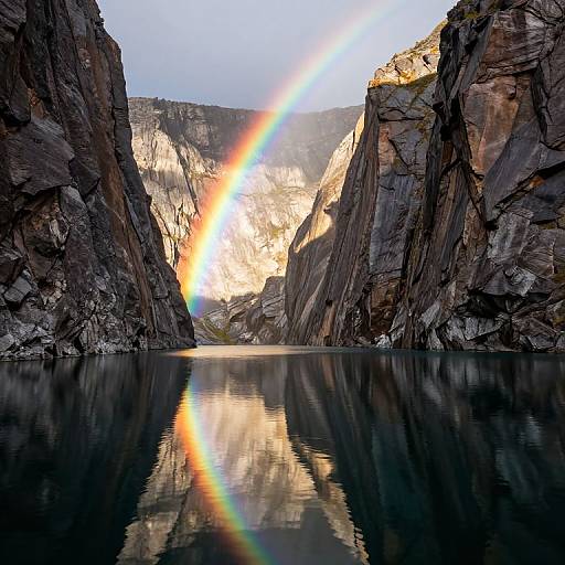 Photograph of a rainbow arching over a calm, reflective canyon lake, with towering rocky cliffs on either side at sunrise.