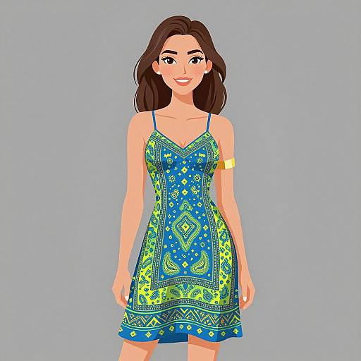 Smiling Bohemian Woman in Vibrant Dress