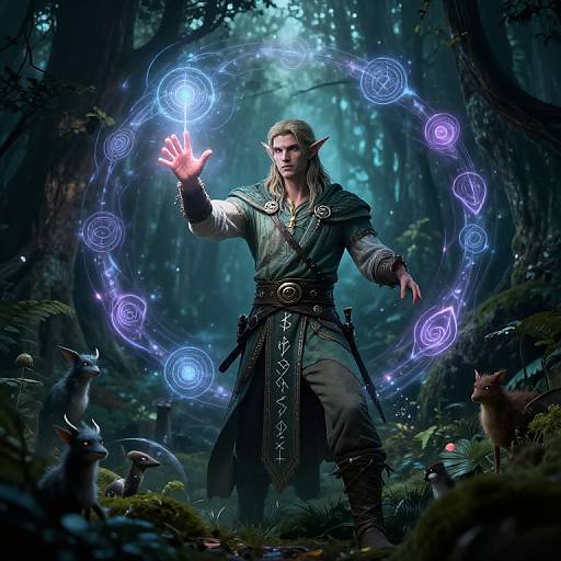 Digital fantasy artwork of a muscular, blonde elf with pointed ears, casting a glowing blue spell in a mystical forest.