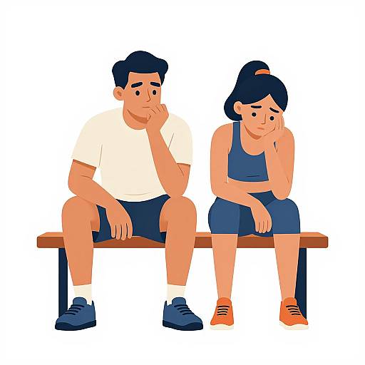 Illustration of a concerned couple sitting on a bench, both with hand on chin; man in white shirt and blue shorts, woman in blue tank top