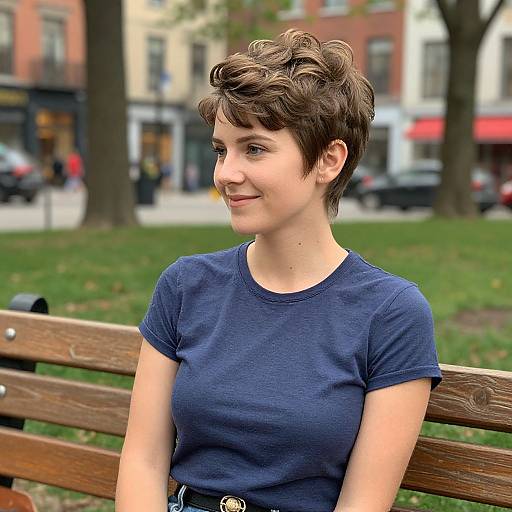 Photograph of a young woman with short, curly brown hair, wearing a navy blue shirt, seated on a wooden bench in a park, smiling,