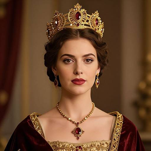 Photograph-style digital portrait of a fair-skinned woman with dark hair, wearing a gold crown, red lipstick, ornate maroon dress, and