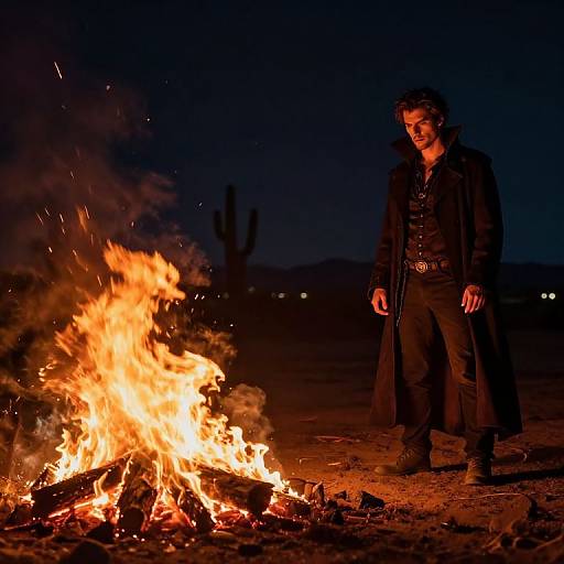 Photograph of a man in a long black coat standing by a bright, orange campfire at night, desert background, dark sky.