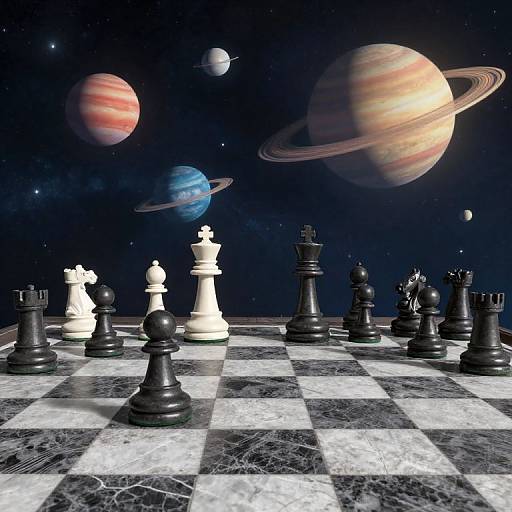 Digital artwork of a chessboard with black and white pieces, set against a cosmic background of planets and stars.