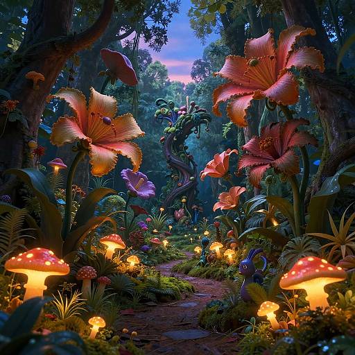 Surreal Mystical Forest with Oversized Exotic Flowers