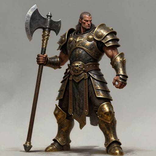 CGI image of a muscular, bearded warrior in golden medieval armor, holding a large axe, standing confidently against a gray background.