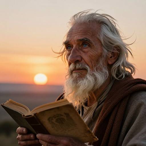 Photograph of an elderly man with white hair and beard, reading a book at sunset, wearing a brown robe, with an orange and pink sky in