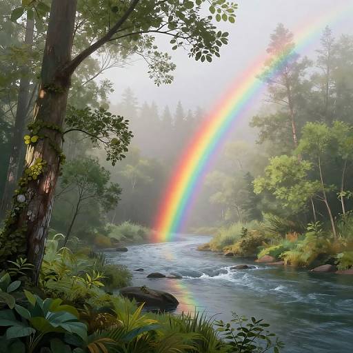 Photograph of a serene forest stream with a vibrant rainbow arching over the water, surrounded by lush green trees and foliage.