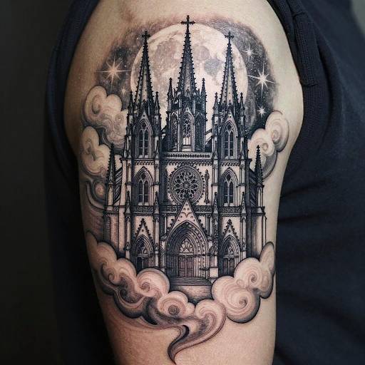 Black and gray tattoo of a Gothic cathedral with starry sky and clouds on a person's upper arm, wearing a black tank top.