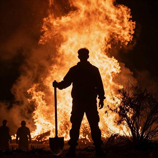 Man Silhouetted Against Fiery Wildfire