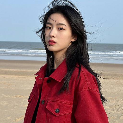 Young Woman in Red Denim Jacket on Beach