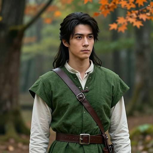 Photograph-style digital art of a young man with long black hair, wearing a green medieval tunic over a white shirt, brown belt, and strap