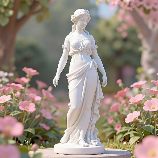 Photograph of a white marble statue of a serene, classical-style woman in a flowing dress, surrounded by vibrant pink flowers and lush greenery. Sun