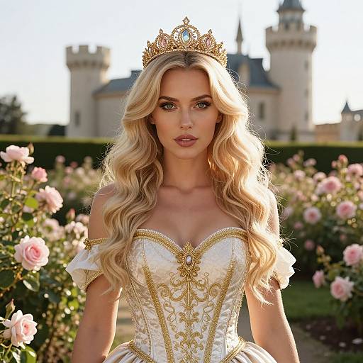 Photograph of a blonde woman with wavy hair, wearing a gold crown and white corset dress with gold embroidery, standing in a rose garden with