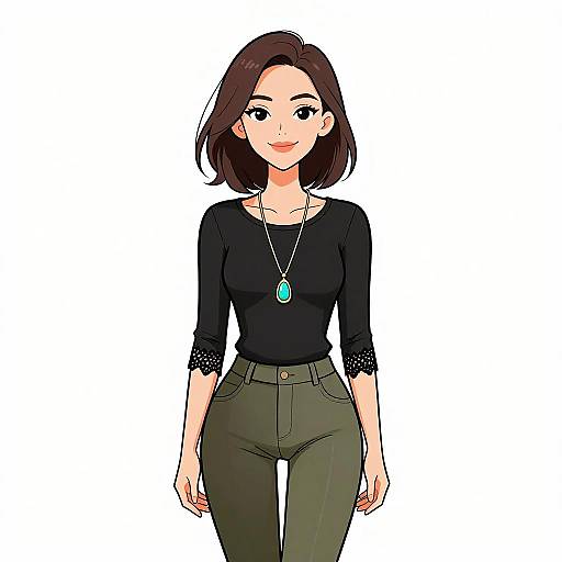 Digital anime-style drawing of a smiling woman with short brown hair, black long-sleeve top, green high-waisted pants, and a turquoise
