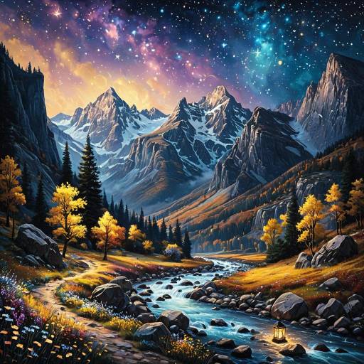 Mountain River Valley Under Starry Night Mountain River Valley Under Starry Night