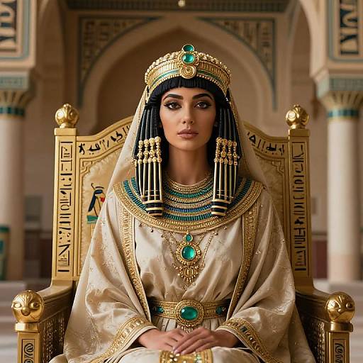 Digital artwork of an Egyptian queen with dark skin, black striped headdress, gold and turquoise jewelry, seated on a regal throne.