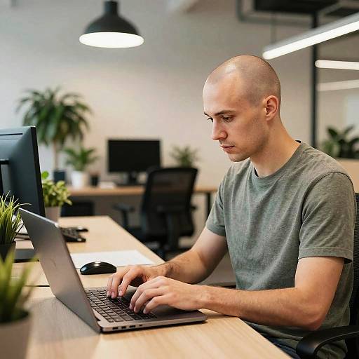 Photograph of a bald, fair-skinned man in a gray t-shirt, focused on typing on a laptop at a modern, brightly lit office desk