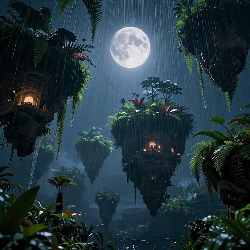 Digital fantasy artwork of floating jungle islands under a bright full moon, surrounded by rain, lush foliage, and glowing lanterns.