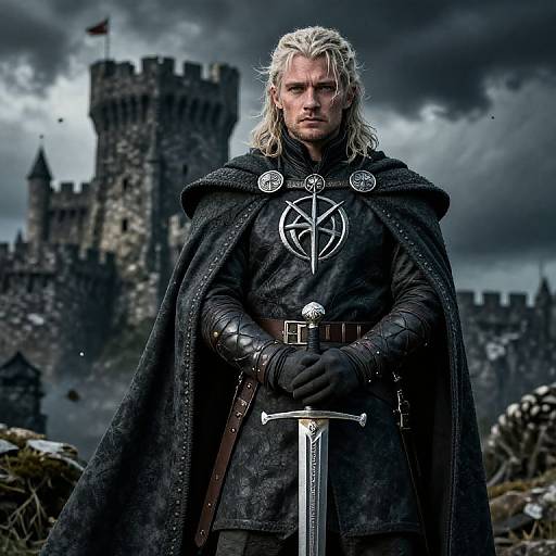 Photorealistic digital art of a blonde, serious-looking Viking warrior in dark armor, holding a sword, standing before a stormy castle.